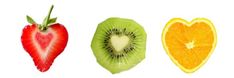 three slices of fruit are arranged in the shape of heart, orange, kiwi and strawberry