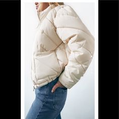 Gently Worn Flowy Jacket, Zara Puffer Jacket, Indigo Denim Jacket, Zara Puffer, High Collar Jacket, Bubble Coat, Denim Pocket, Quilted Coat, Basic Shirts