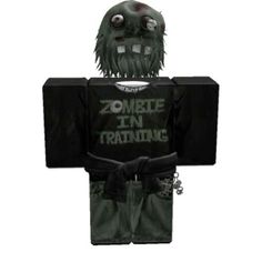 a zombie doll is standing in front of a white background with the words zombie in training on it's chest