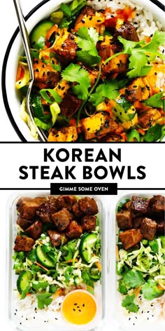 korean steak bowls with rice, cucumber and carrots in them on a white background