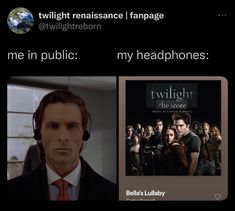 a man with headphones on in front of a movie poster and an ad for twilight