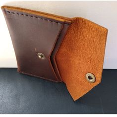 a brown leather wallet with a button on the front and side flap open to show it's inner lining