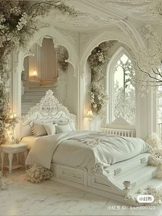 an ornate bedroom with white furniture and flowers on the walls, along with arched windows