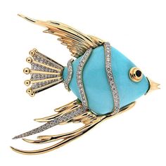 Turquoise Fish Brooch with diamonds | From a unique collection of vintage brooches at https://www.1stdibs.com/jewelry/brooches/brooches/ Kay Jewelry, Antique Modern, Antique Brooches, Jewelry Turquoise, Turquoise Rings, Vintage Turquoise