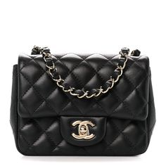 This is an authentic CHANEL Lambskin Quilted Mini Square Flap in Black. This classic bag is finely composed of luxurious diamond quilted lambskin leather in black. The bag features a waist-length polished gold chain link leather threaded shoulder strap and a polished gold Chanel CC turn lock. This opens the front flap to a black leather interior with zipper and patch pockets. Chanel Crossbody, Coco Handle, Chanel Tweed, Chanel Flap Bag, Classic Flap Bag, Ingredients List, Chanel Mini, Gold Chanel, Chanel Shoulder Bag