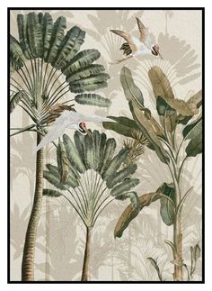 an image of birds flying in the air among tropical plants and leaves on a beige background