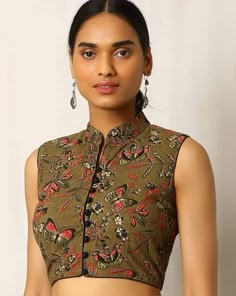 Buy Olive Green Indie Picks Kalamkari Print Sleeveless Cotton Blouse Collar Sleeveless Blouse, Sari Blouses, Kalamkari Print