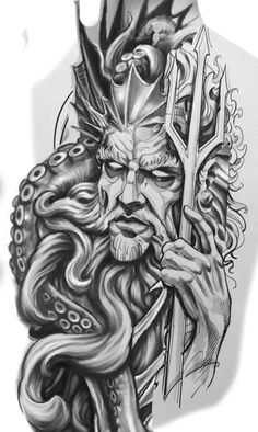 Triton Tattoo Men, Poseidon Kraken Tattoo, Poseidon Tattoo Design Greek Mythology, Posiden Tattoo Design, Kraken Tattoo Design, Poseidon Tattoo Design, Poseidon Drawing, Tentacle Tattoo, Hades Tattoo