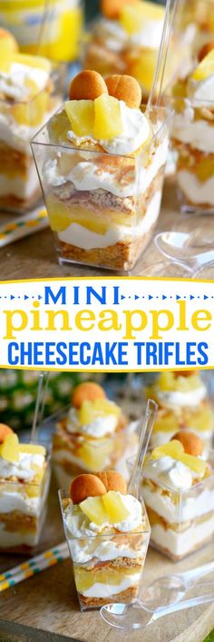 mini pineapple cheesecake trifles on a wooden board with text overlay