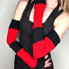 Long Striped Gloves Red Hand Warmers Black Armwarmers Patchwork Sleeves Gothic Handmade In The Usa By Me. :) Soft And Warm! Red And Black Patchwork Striped Arm Warmers/Fingerless Gloves. Over The Elbow/Full Arm Length. Made With Upcycled Materials. Can Also Be Worn Slouched Or As Tight Leg Warmers/Footless Socks. I Also Make These In More Colors! Arm Warmers Are Great For: Keeping You Warm Inside And Outside. Providing And Extra Layer For Your Arms Against The Sun While Driving Or Outdoors. Grea Black Leg Warmers For Cold Weather, One Size, Black Leg Warmers For Cold Weather, Black Winter Leg Warmers, Red Fitted Leg Warmers For Winter, Fitted Red Leg Warmers For Winter, Black Leg Warmers For Winter, Fitted Black Leg Warmers For Winter, Striped Arm Warmers, Patchwork Sleeves