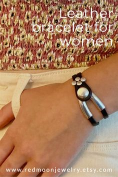 This artisan crafted black leather bracelet for women is a beautiful piece of jewelry you'll want to wear everyday! You can choose from this 4 dot slider bead or a hammered coin. Nice way to personalize your jewelry. #redmoonjewelry Trendy Hand Wrapped Jewelry, Trendy Wrap Bracelet Gift, Handmade Wrap Bracelet Perfect As A Gift, Handmade Wrap Bracelet As Gift, Elegant Silver Wrap Bracelet, Silver Hand Wrapped Bracelets, Silver Bohemian Leather Bracelet Gift, Bohemian Leather Bracelet As A Gift, Nickel Free Bracelets As A Gift For Her