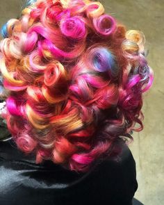 Multicolored Curly Hair, Curly Multicolored Hair, Pink And Purple Mixed Hair, Rainbow Curly Hair Black Women, Sunset Color Wig, Feminine Spirituality, Color Hairstyles, Shaved Side, Bold Hair Color