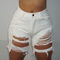 White High Waisted Shorts Available In Size Small, Medium, & Large White High-waisted Ripped Bottoms, High-waisted White Ripped Bottoms, White High Waist Ripped Bottoms, High Waist Ripped White Bottoms, White High Rise Shorts For Day Out, White Summer Jean Shorts For A Day Out, White High-waisted Jean Shorts For Beach, High Rise White Summer Shorts, High Waist White Shorts For The Beach