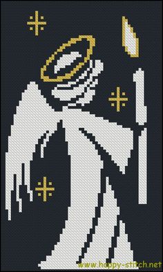 a cross stitch pattern with an angel holding a spoon and fork in it's hand