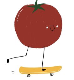 a drawing of a tomato riding on a skateboard