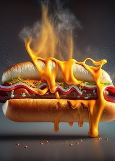 a hot dog covered in mustard and ketchup