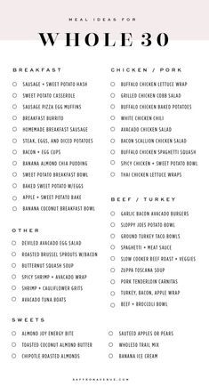 the meal list for whole 30 is shown in black and white, with pink accents