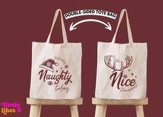 two tote bags sitting on top of wooden stools with the words munchy and nice printed on them