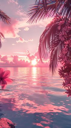 the sun is setting over the water with pink flowers in front of some palm trees