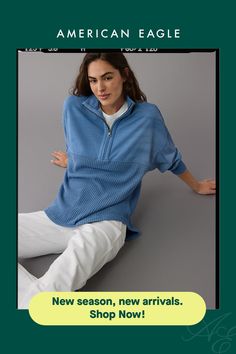 Super soft terry on top | Lightweight waffle fabric on bottom/Half-zip mock neck/Ribbed cuffs/Curved hem Waffle Fabric, Half Zip Sweatshirt, Zip Sweatshirt, Half Zip, Mock Neck, American Eagle Outfitters, Women's Jeans, American Eagle, Women Jeans