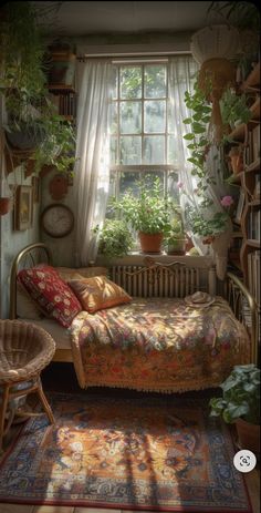 a bed sitting in a bedroom next to a window filled with plants and potted plants