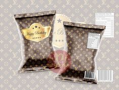 two bags of louis vuitton happy birthday chocolates on a grey and white background