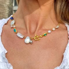 THE --> The Capri Necklace is inspired by the glorious treasures of the sea. Freshwater pearls mingle with semi-precious stones and 22K gold-dipped elements for a unique collectible to be layered your way. Unique Collectibles, Gold Dipped, Semi Precious Stones, 22k Gold, Semiprecious Stones, Precious Stones, Fresh Water, Freshwater Pearls, The Sea