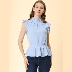 This women's vintage shirt is made of chiffon materials and you can wear it easily all day and night. The flutter-sleeve design will show your dignity and femininity while giving shape and texture at the same time. This stylish top with a ruffled high collar adds to the beauty and charm of a woman. An essential top is perfect for dressing up or down. Lace Peplum Blouse, Frill Collar, Sleeveless Peplum Top, Ruffle Fabric, Peplum Shirts, Chiffon Material, Peplum Blouse, Casual Office, Hem Style