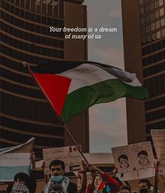 a group of people holding flags and signs in front of tall buildings with the words, your freedom is a dream of many of us