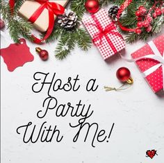 a white table topped with presents and christmas decorations next to a sign that says host a party with me