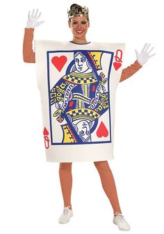 a woman dressed as a queen of hearts holding up a playing card costume for halloween