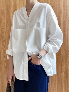 Loose Simple V-Neck Pocket Blouses WHITE-L Trench Coat Dress, Pocket Blouse, Button Blouse, Casual Long Sleeve Shirts, Pleated Midi Dress, School Motivation, Medical School, V Neck Blouse, White Shirts