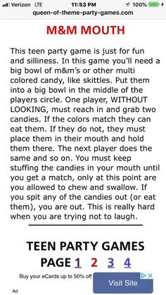 an email message from the teen party games page, which includes instructions for how to play