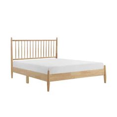 the bed frame is made from wood and has no sheets on it, but there is also a mattress