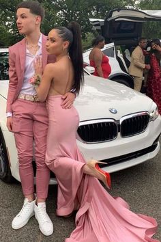 HIgh Collar Pretty Sleeveless Open Back Mermaid Dresses - Prom Dresses Matching Dress And Suit, Matching Prom Outfits, Pink Wedding Suit, Wedding Suit For Groom, Pink Prom Suit, Formal Couple, Casual Wedding Suit, Suit For Groom, Prom Outfits For Guys