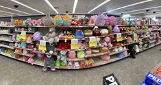 there are many stuffed animals on the shelves in this store, and one is for sale