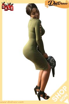 Army Green Polyester Sexy Cap Sleeve Long Sleeves O Neck Pencil Dress Knee-length Solid Green Midi Length Bodycon Dress For Club, Casual Knee-length Bodycon Dress For Club, Knee-length Winter Bodycon Dress For Club, Spring Club Bodycon Sheath Dress, Trendy Bodycon Dress, Spring Club Bodycon Dress Solid Color, Spring Solid Color Bodycon Dress For Club, High Stretch Bodycon Dress For Club In Spring, Green Knee-length Bodycon Dress For Club