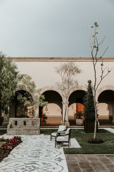 an outdoor courtyard with chairs and trees in the center, surrounded by plants and flowers