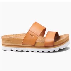 Reef Cushion Vista Hi Double Strap Vegan Leather Slides Lightweight, Arch Support And Heel Cupping Natural Color Size 7 Us Never Worn Outside, Like Brand New Reef Shoes, Leather Slides, Arch Support, Tan Brown, Natural Color, Women's Shoes Sandals, Vegan Leather, Womens Sandals, Shoes Sandals