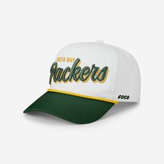 Green Bay Packers Monty Script Marquee RF Cap FOCO - FOCO.com Baseball Cap With Team Logo For Sports Events, Team Logo Baseball Cap For Sports Events, Team Spirit Baseball Cap With Team Logo, Team Spirit Baseball Cap For Baseball Season, Game Day Trucker Hat With Embroidered Logo, Team Spirit Baseball Cap In Team Colors, Sports Fan Baseball Cap With Embroidered Logo, Collegiate Cotton Fitted Hat For Sports Events, Collegiate Trucker Hat With Embroidered Logo For Baseball Season