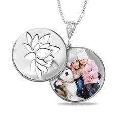 Show what your loved ones mean to you with this personalized floral disc pendant. Fashioned in sterling silver, this lovely style features a photo of your choice- expertly transferred using modern technology - beneath a sculpted lotus flower swivel disc. All photo pieces are scratch resistant, 100% waterproof, and are available in high resolution color or black and white. Further customize the look with up to two lines of text - each up to 20 characters in length - inscribed along the backside. Elegant Round Locket Necklace With Birth Flower, Elegant Birth Flower Round Pendant Locket Necklace, Elegant Round Pendant Locket Necklace With Birth Flower, Engraved Sterling Silver Locket Necklace For Mom, Personalized Sterling Silver Locket Necklace For Mom, Personalized Silver Locket Necklace For Mom, Silver Pendant Locket Necklace For Mom, Silver Pendant Locket Necklace As Gift For Mom, Silver Pendant Locket Necklace Gift For Mom