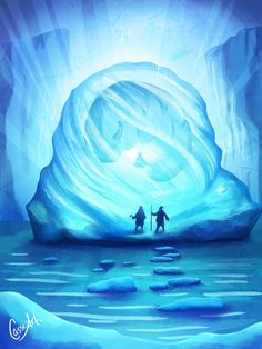 an iceberg with two people standing on it