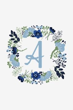 a blue and green floral wreath with the number four in it's center, on a white background