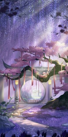 an artistic scene with trees and lights in the night sky, surrounded by purple flowers