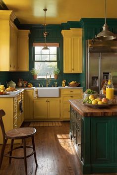 yellow kitchen decor, kitchen design ideas, kitchen remodels, kitchen decorating ideas Yellow Kitchen Dark Wood Cabinets, Retro Yellow Kitchen, Yellow Accent Kitchen, Yellow Kitchen Paint Colors, Yellow Kitchen Aesthetic, Yellow And Green Kitchen, Yellow Kitchen Ideas, Yellow Country Kitchens