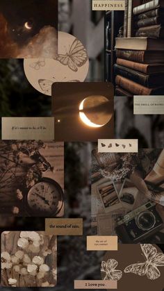 a collage of photos with books, clocks and butterflies on them is shown in this image