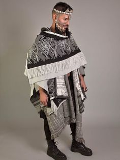 The 'Prehispanico' Poncho Cape -machine knitted -made with 80% up-cycled cotton and 20% polyester -in stock items will be shipped out within 72 hours and made to order items will be shipped out between 1-2 weeks. Please contact orders@whocareswhynot.com for questions and time-sensitive orders **All orders for Burning Man must be placed on or before August 1st. Anytime after that is subject to availability Burly Man Character Design, Whimsigoth Outfits Men, Futuristic Clothing Men, Poncho Fashion, Mens Poncho, Stylish Men Wear, Armor Clothing, Burning Man Costume, Mens Fur