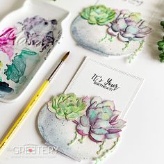 some succulents are painted on rocks with watercolor pencils next to them