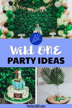 wild one birthday party with balloons, cake and palm tree on the table in front of it