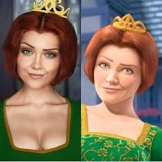 an animated woman wearing a green dress with a gold crown on top of her head